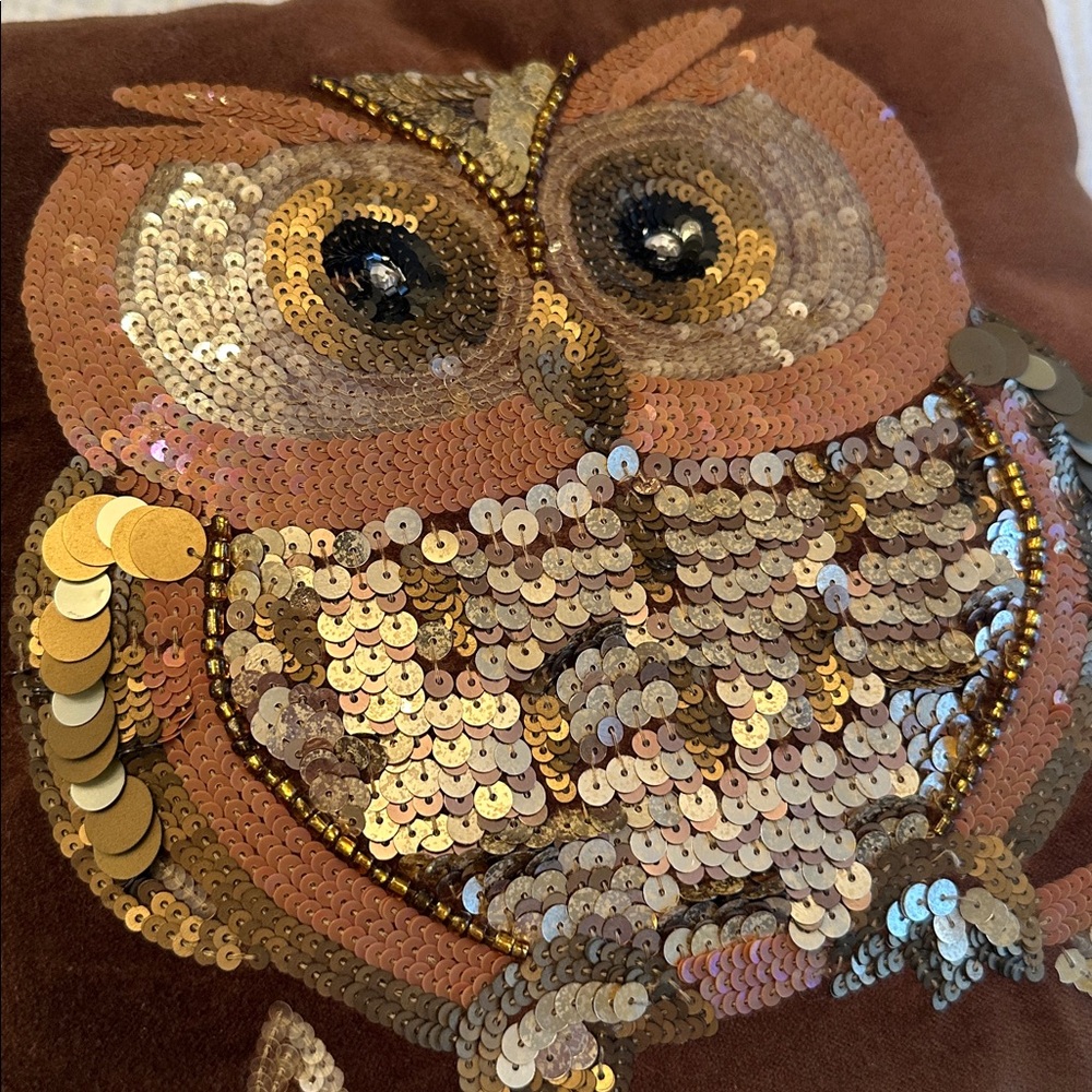 Pier 1 Imports Beaded Sequin Owl Brown Velvet Pillow 14" Square Fall Decor - Picture 7 of 13